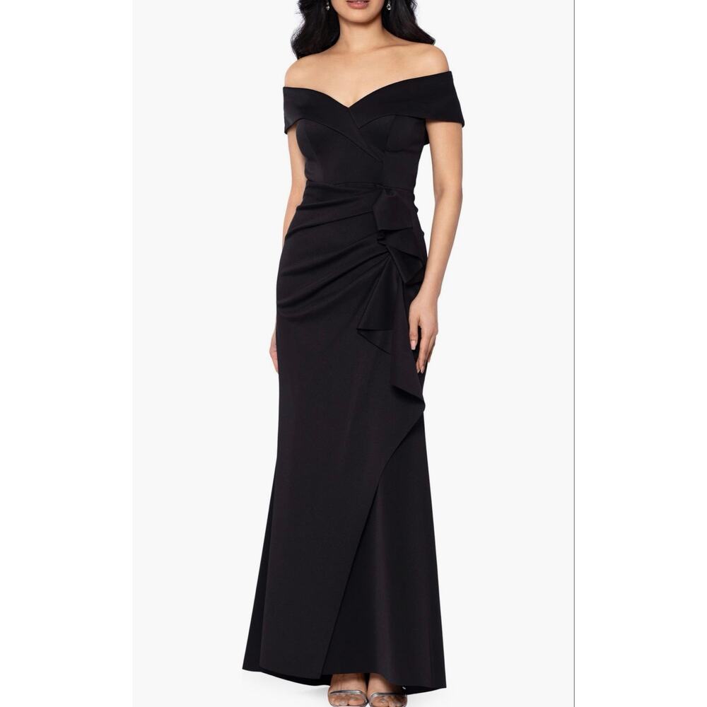 Xscape Evenings Patti Off the Shoulder Ruffle Scuba Crepe Gown in Black. Size 4P